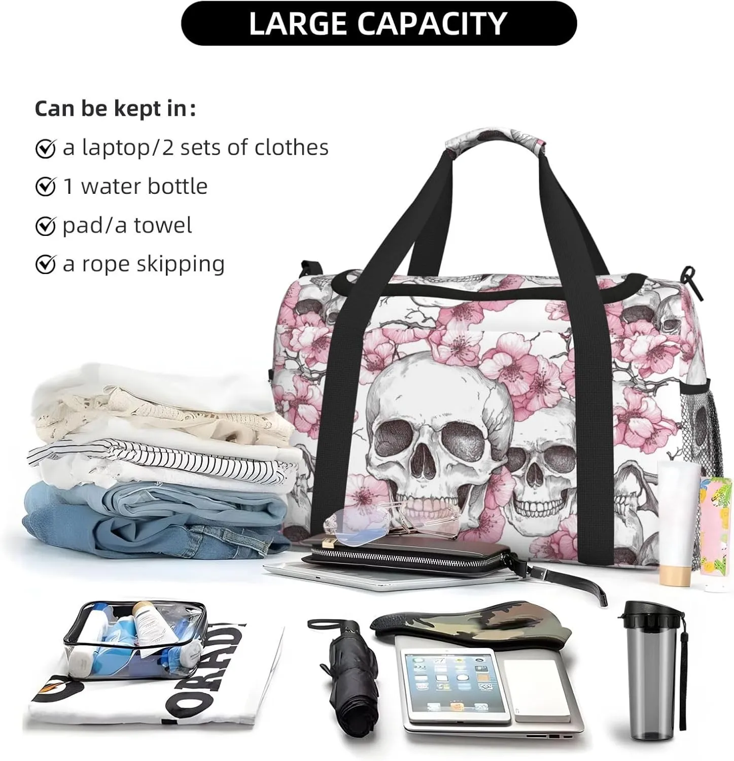 Pink Cherry Blossoms Skulls Duffle Bag Foldable Travel Tote Bag Carry On Large Weekender Overnight Bags Waterproof Gym Bag For Women Men