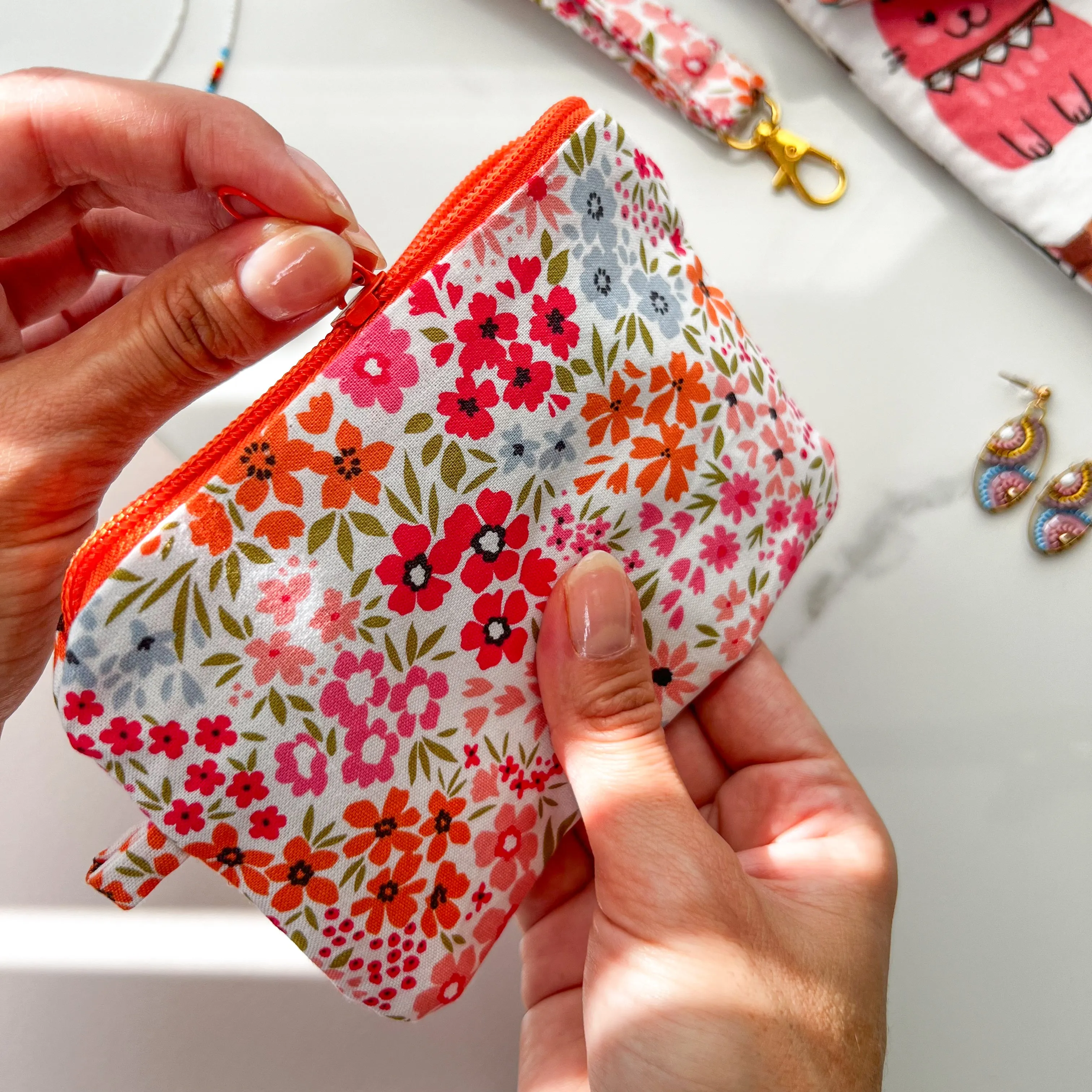Pink Floral Zipper Purse, Cute Coin Purse, Handmade Purse