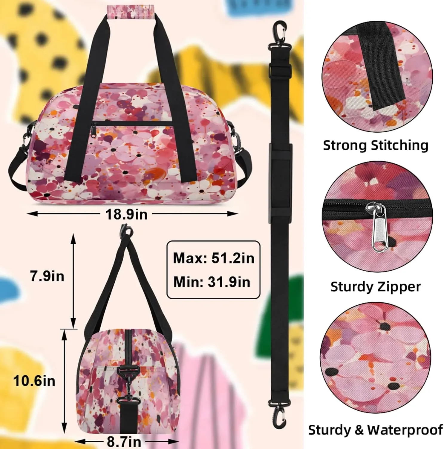 Pink Flower Abstract Small Gym Bag 18 inch Carry On Duffel Bag for Weekender Travel Sports Workout Yoga Gymnastics Dance Ballet