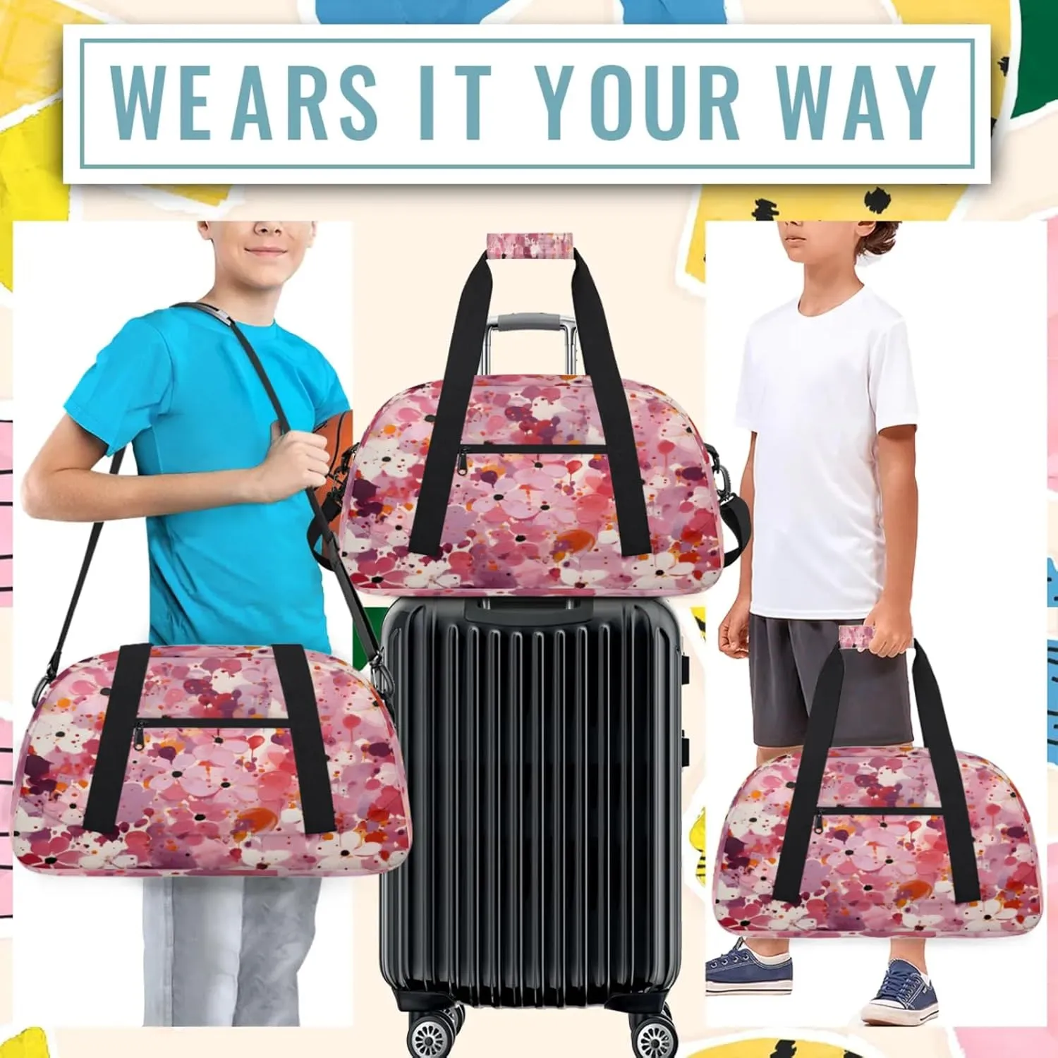 Pink Flower Abstract Small Gym Bag 18 inch Carry On Duffel Bag for Weekender Travel Sports Workout Yoga Gymnastics Dance Ballet