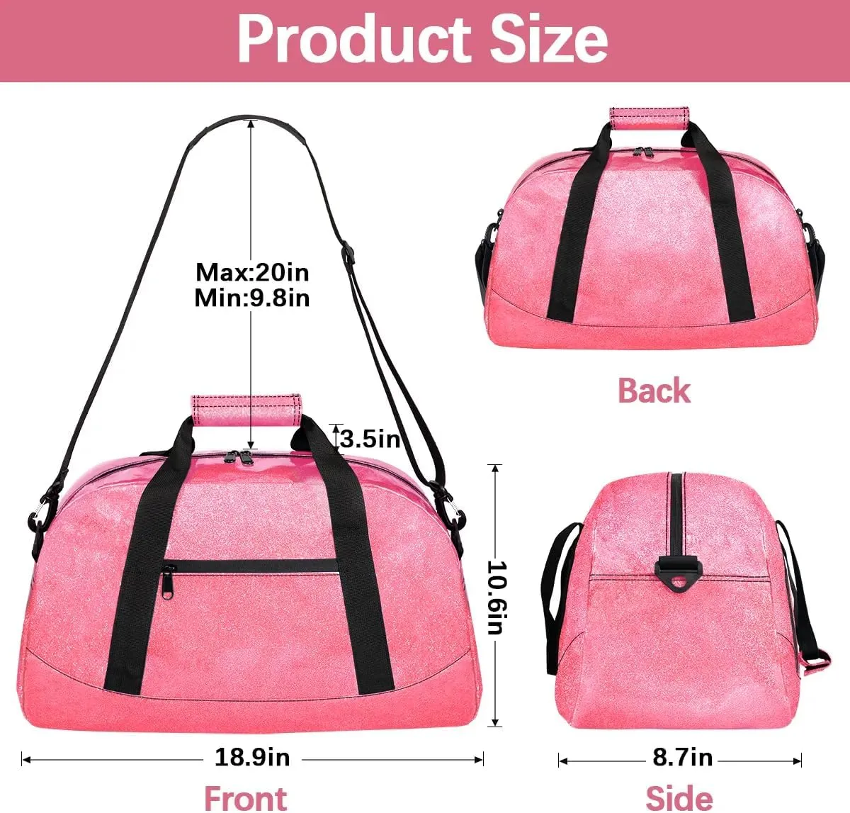 Pink Glitter Kid Weekender Bag for Girls - Sport Duffel, Sequin Gym Overnight, Lightweight Travel Dance, Water Resistant Sleepover Carry On Tote, Foldable Workout Sparkly