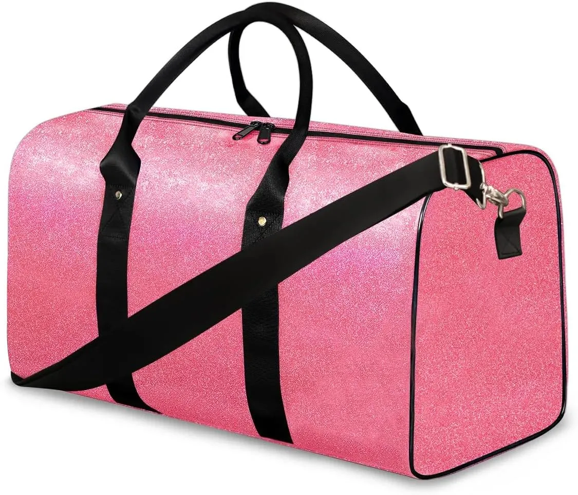 Pink Glitter Sport Duffel Bags for Girls Women,Travel Overnight Weekender Bags,Sequin Kid Gym Dance Bag,Waterproof Carry On Tote Bag,Foldable Sleepover Workout Bag Sparkly