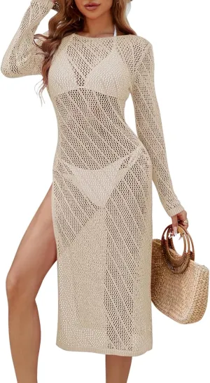 Pink Queen Swimsuit Coverup for Women 2025 Crochet Long Sleeve Hollow Out Mesh Knit Beach Cover Up