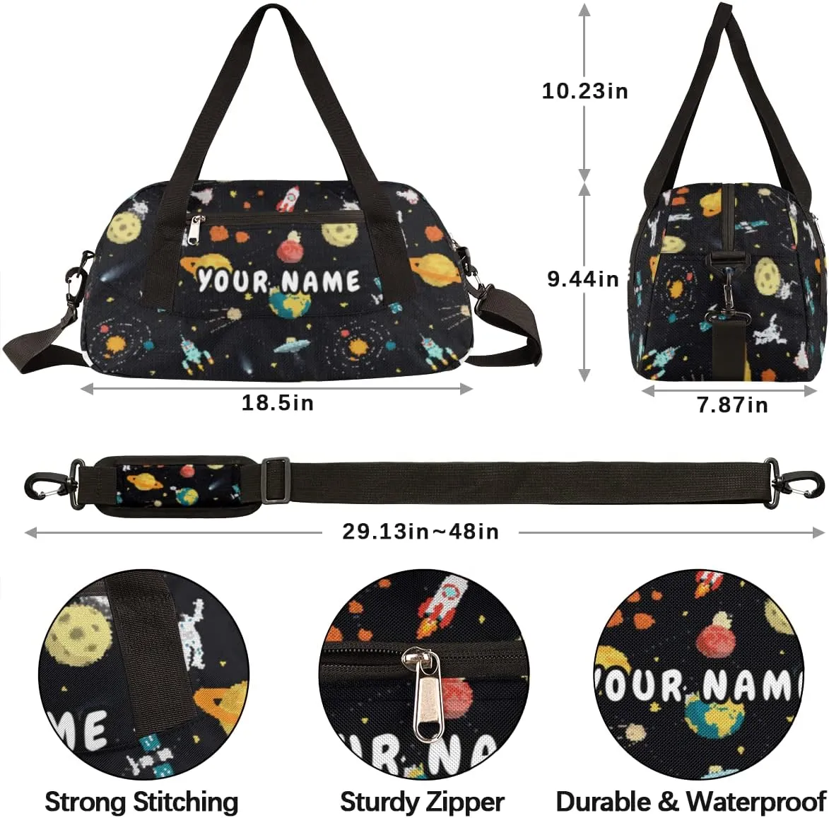 Planets Astronaut Personalized Kids Duffel Bag for Girls Boys, Planets Debris Custom Name Dance Bag Overnight Small Duffel Bag Carry On Weekend Sports Travel Bag for School Practice Gymnastics Ballet