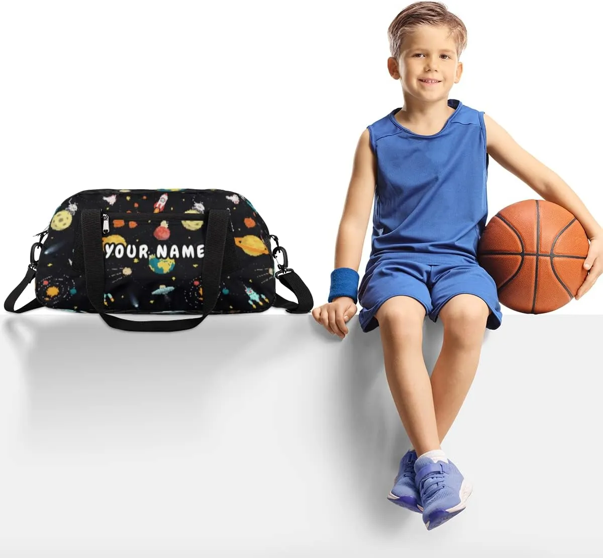 Planets Astronaut Personalized Kids Duffel Bag for Girls Boys, Planets Debris Custom Name Dance Bag Overnight Small Duffel Bag Carry On Weekend Sports Travel Bag for School Practice Gymnastics Ballet