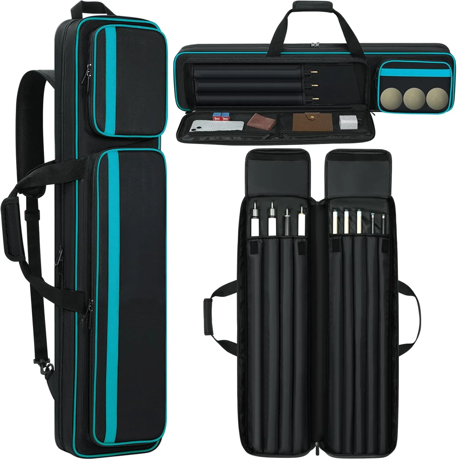 Pool Cue Case 4x5, Pool Cue Carrying Case Soft Padded Billiard Stick Bag with Multi-pocket for 4 Butts and 5 Shafts, Pool Stick Case Cue Bag with Backpack-straps for Pool Cues and Accessories
