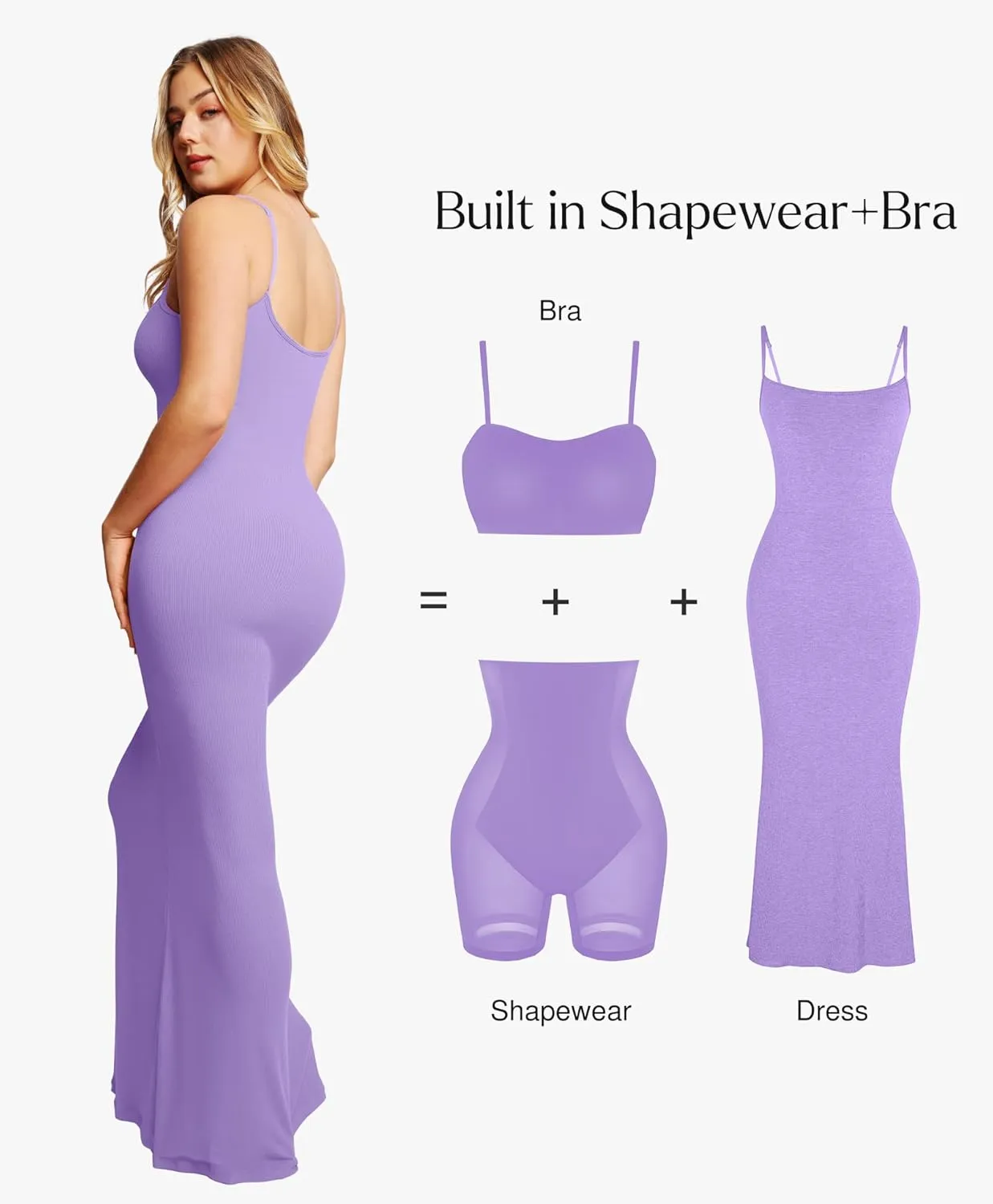 Popilush Summer Maxi Dress for Women - Cocktail Shapewear Dresses Built-in Bra Adjustable Straps Vacation Long Slip