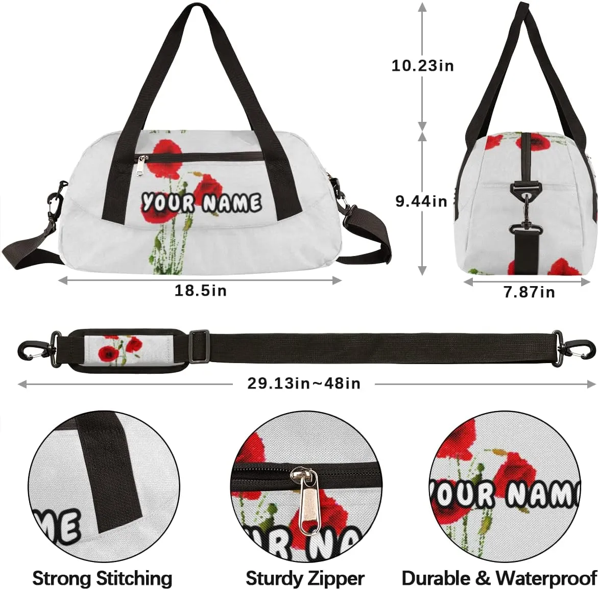Poppy Flower Personalized Kids Duffel Bag for Girls Boys, Flower Debris Custom Name Dance Bag Overnight Small Duffel Bag Carry On Weekend Sports Travel Bag for School Practice Gymnastics Ballet