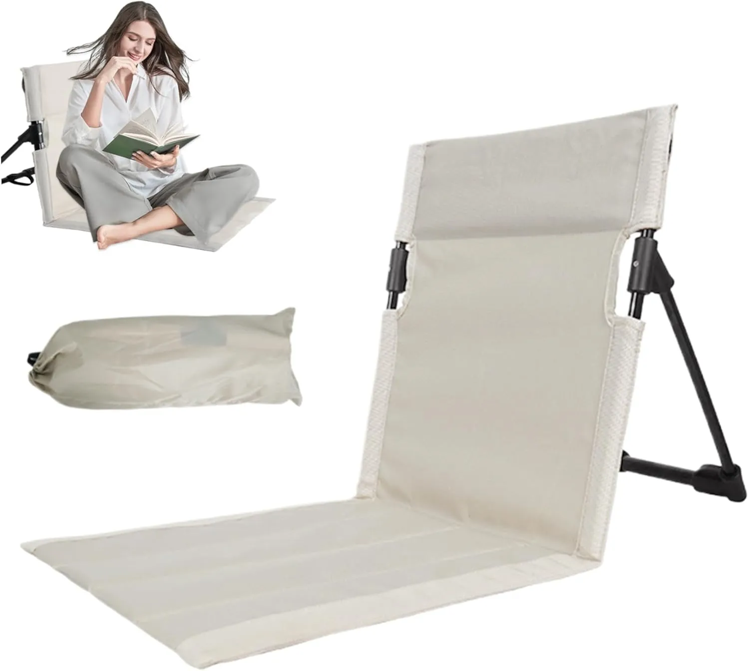 Portable Beach Lounger, Reclining Beach Mat with Backrest, Folding Beach Mat Lounge Chair, Portable Beach Lounge Chair with Carry Bag for Beach, Camping, Hiking, Beige, Beach Lounger for Adults