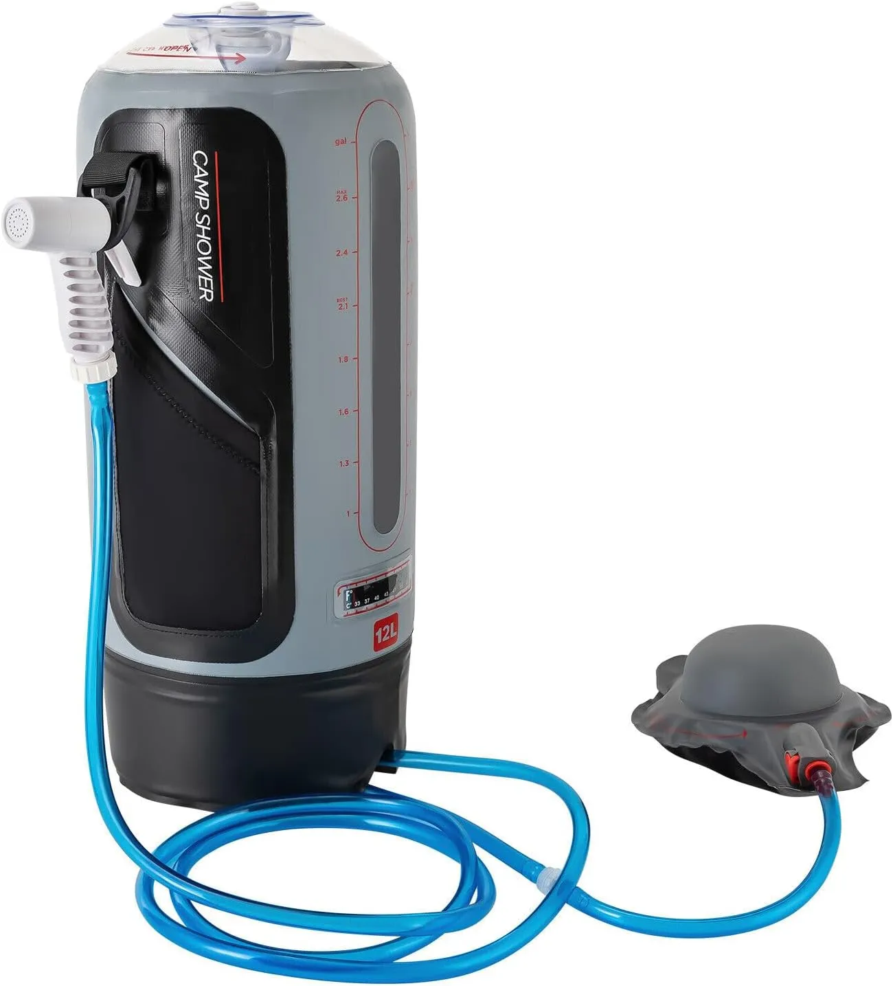Portable Pressure Outdoor Camping Shower Bag with Air Pump Shower Head Hose,12L Solar Absorbing 3-Gallon Water Tank,Durable and Waterproof Shower Equipment