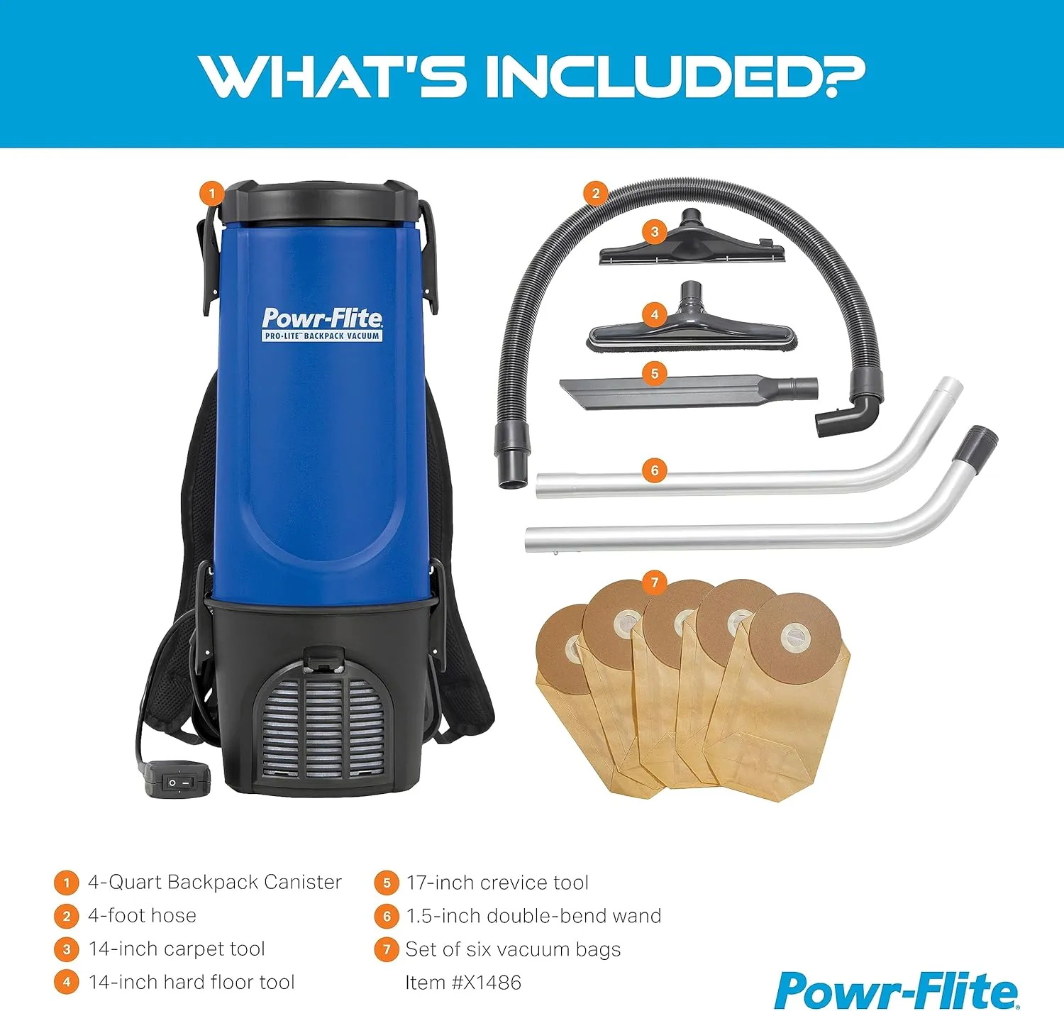 Powr-Flite Pro-Lite Backpack Vacuum Commercial Grade 4-Quart Canister Vacuum Cleaner, Portable Vacuum with Tool Kit, BP4S
