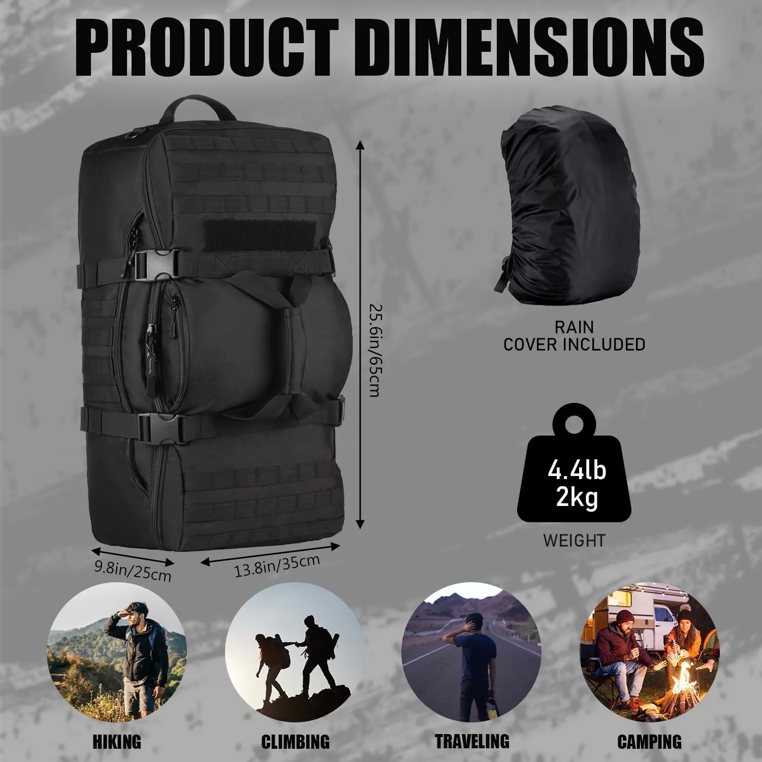 Protector Plus Tactical Travel Backpack 60L Military MOLLE Duffel Bag (Rain Cover & Patch Included)