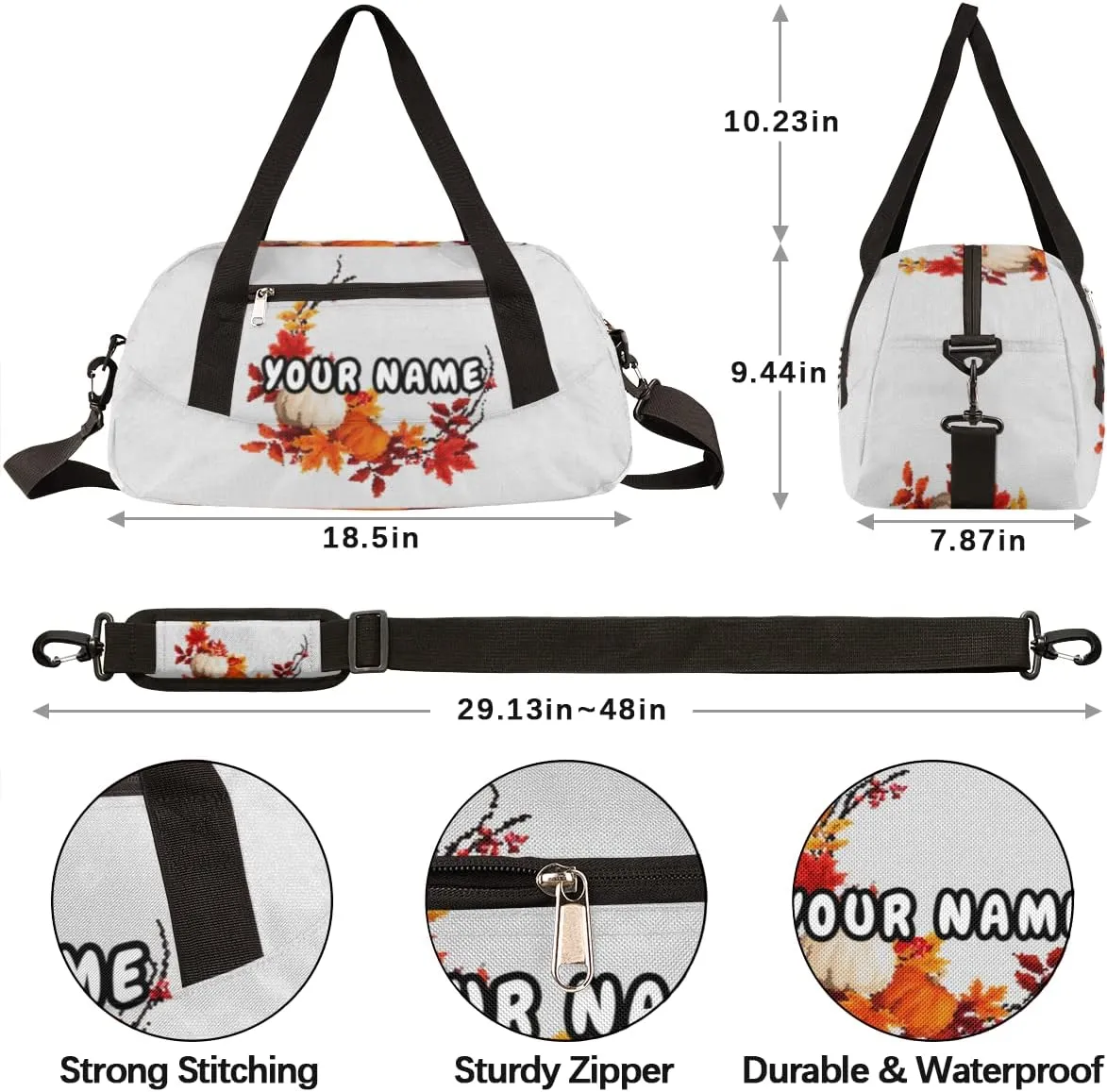 Pumpkins Autumn Leaves Personalized Kids Duffel Bag for Girls Boys, Pumpkins Debris Custom Name Dance Bag Overnight Small Duffel Bag Carry On Weekend Sports Travel Bag for School Practice Gymnastics Ballet