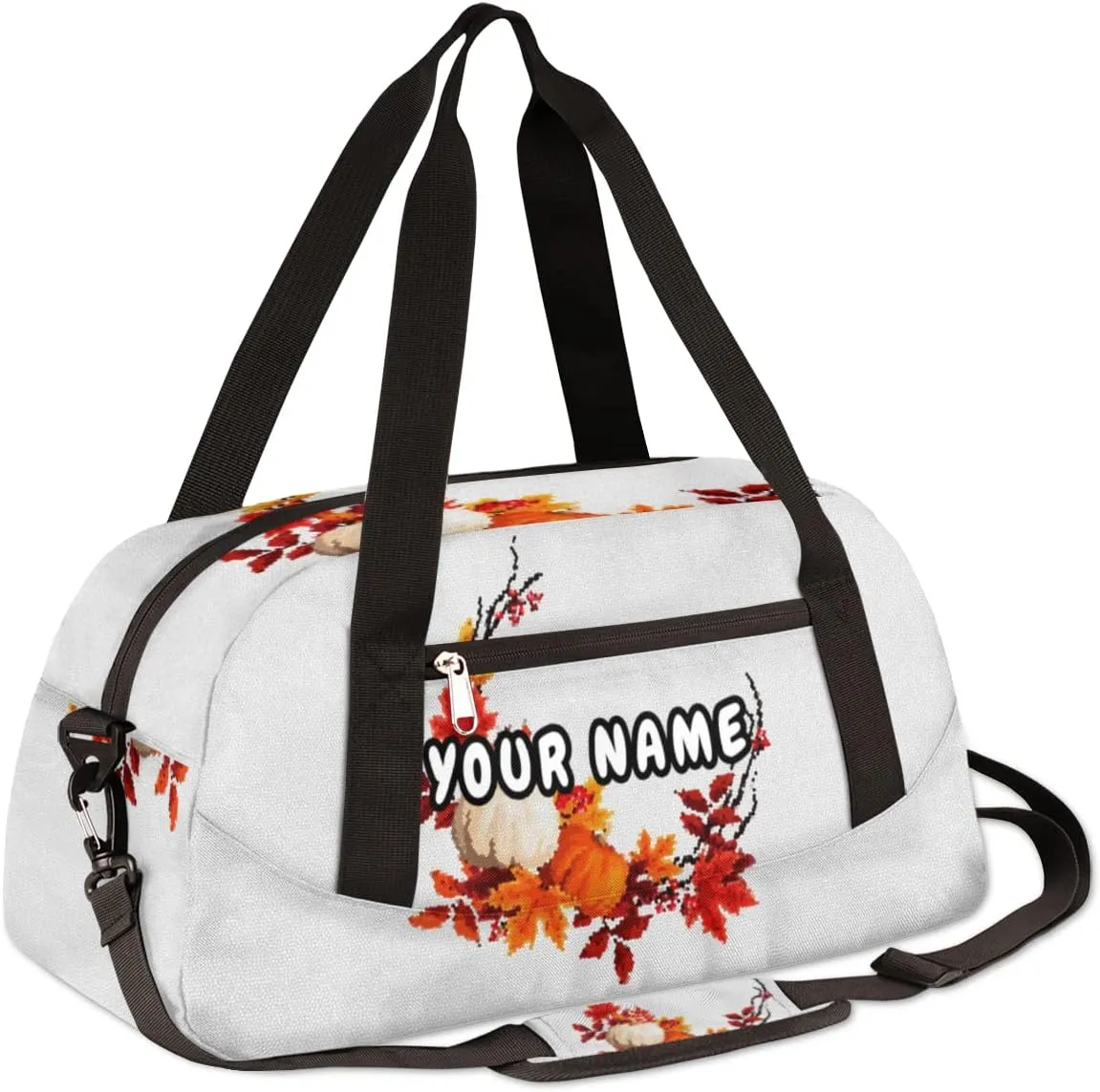 Pumpkins Autumn Leaves Personalized Kids Duffel Bag for Girls Boys, Pumpkins Debris Custom Name Dance Bag Overnight Small Duffel Bag Carry On Weekend Sports Travel Bag for School Practice Gymnastics Ballet