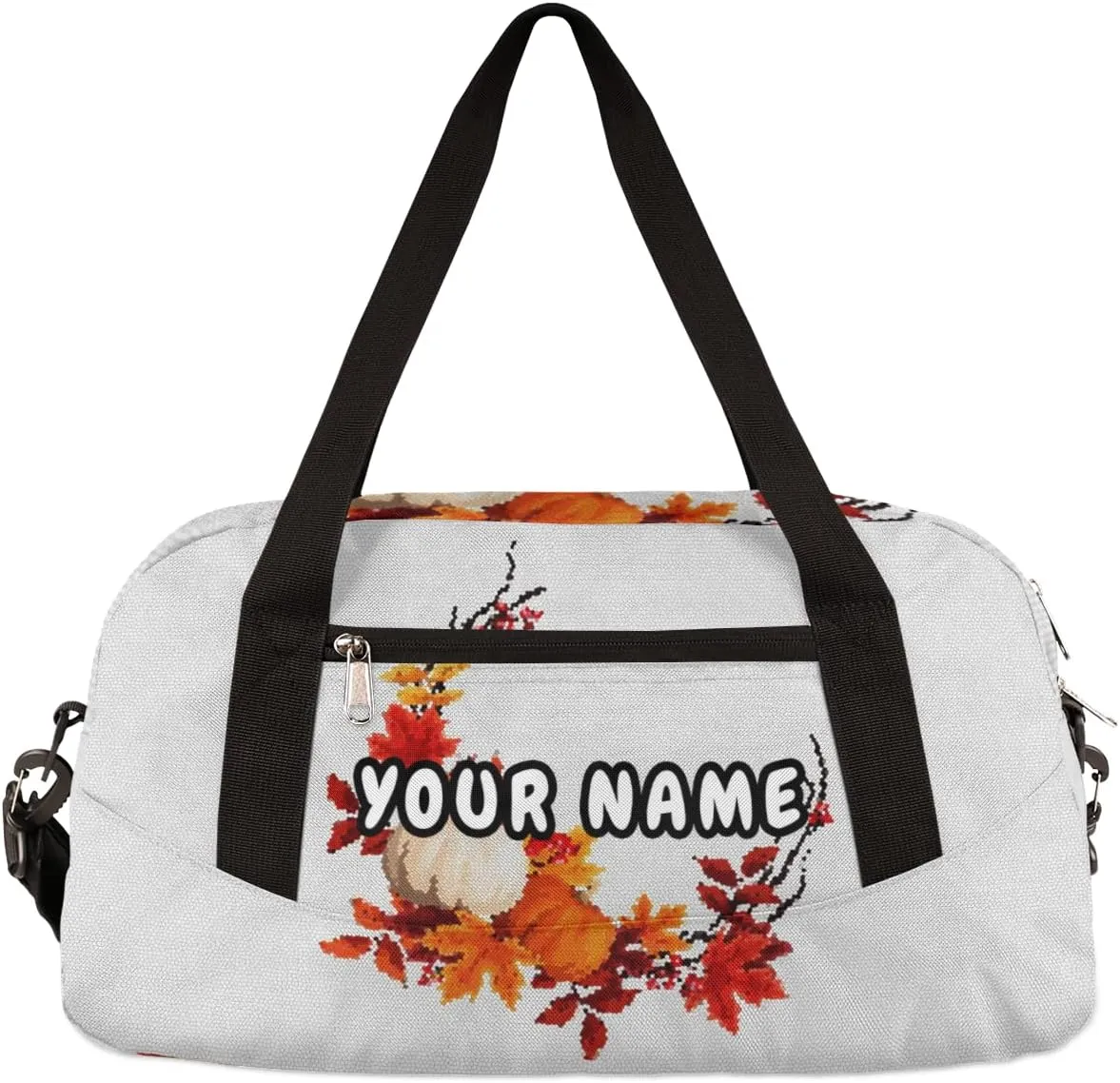 Pumpkins Autumn Leaves Personalized Kids Duffel Bag for Girls Boys, Pumpkins Debris Custom Name Dance Bag Overnight Small Duffel Bag Carry On Weekend Sports Travel Bag for School Practice Gymnastics Ballet
