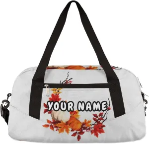 Pumpkins Autumn Leaves Personalized Kids Duffel Bag for Girls Boys, Pumpkins Debris Custom Name Dance Bag Overnight Small Duffel Bag Carry On Weekend Sports Travel Bag for School Practice Gymnastics Ballet