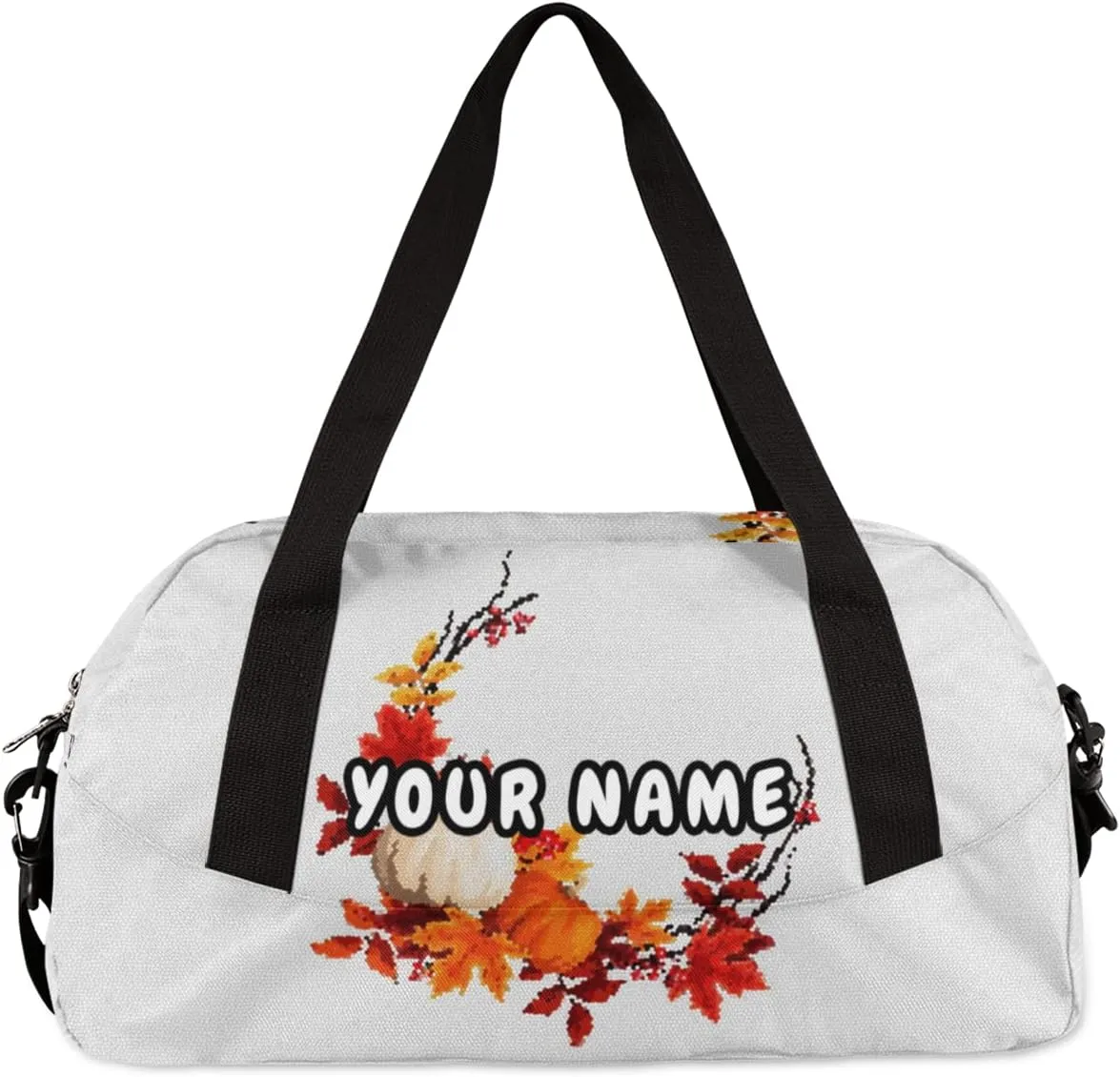 Pumpkins Autumn Leaves Personalized Kids Duffel Bag for Girls Boys, Pumpkins Debris Custom Name Dance Bag Overnight Small Duffel Bag Carry On Weekend Sports Travel Bag for School Practice Gymnastics Ballet