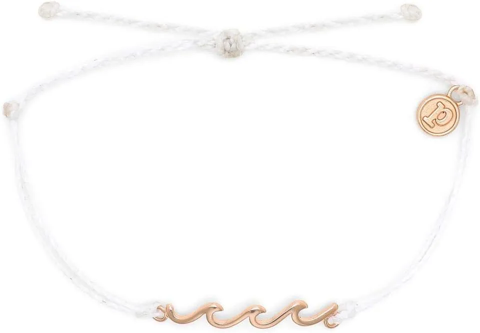 Pura Vida Delicate Wave Bracelet w/Silver or Rose Gold-Plated Brass Casting - Adjustable Braided Band, Waterproof