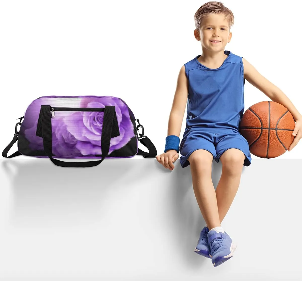 Purple Flowers Roses Kids Duffel Bag for Girls Boys Teens, Flowers Pixel Wind Dance Bag Overnight Small Duffel Bag Carry On Weekend Sports Gym Travel Bag for School Practice Gymnastics Ballet