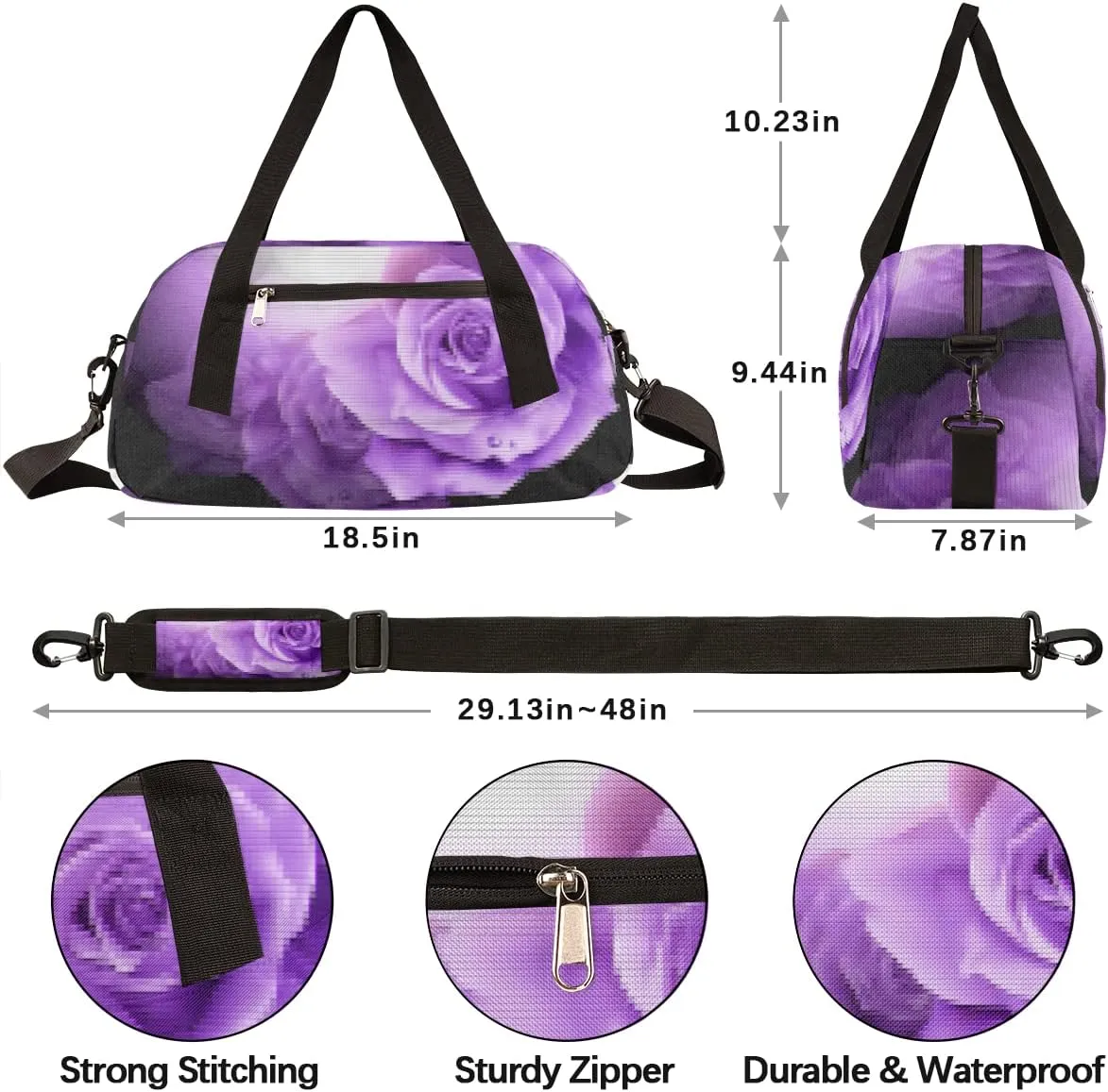 Purple Flowers Roses Kids Duffel Bag for Girls Boys Teens, Flowers Pixel Wind Dance Bag Overnight Small Duffel Bag Carry On Weekend Sports Gym Travel Bag for School Practice Gymnastics Ballet