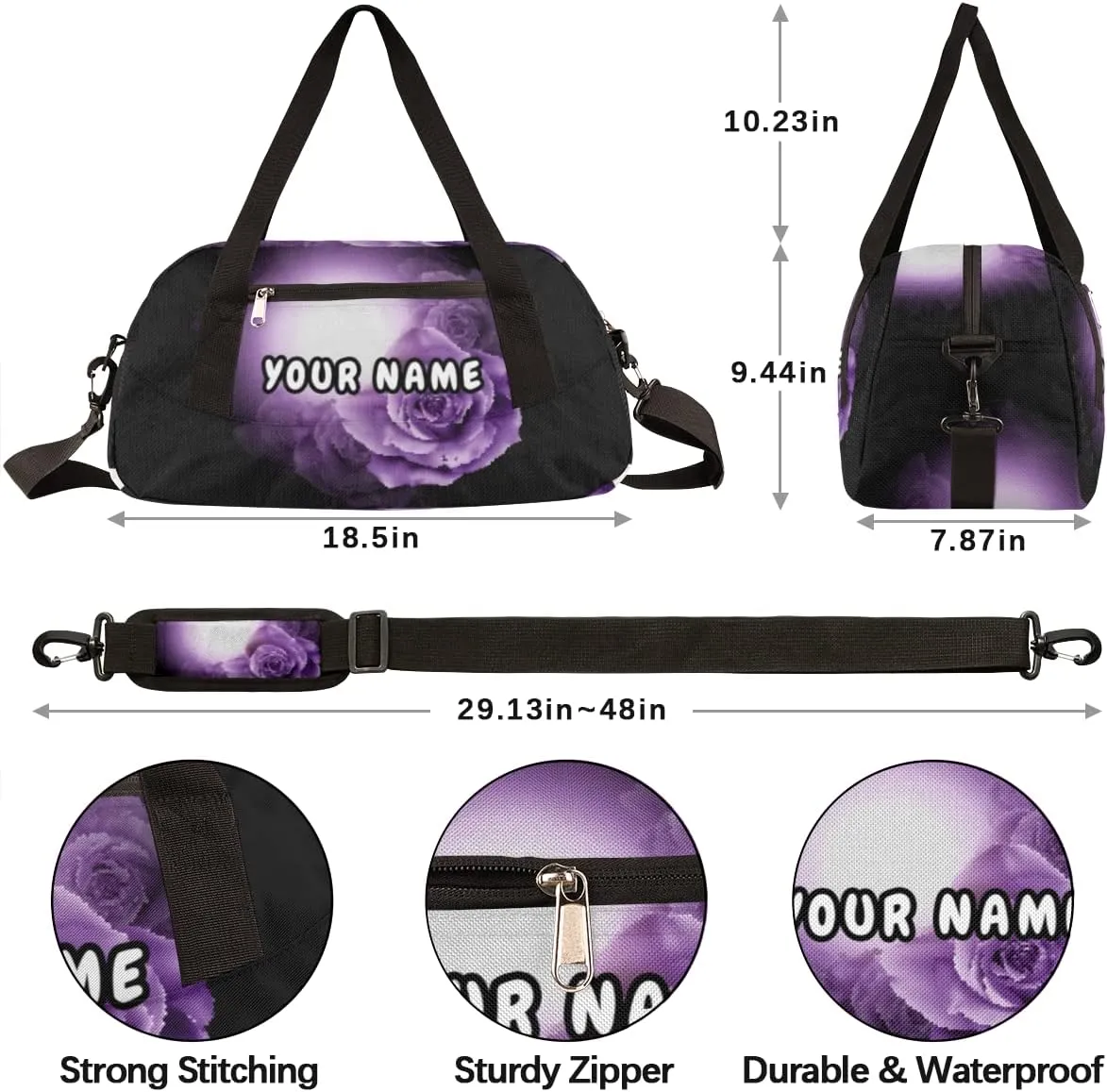 Purple Flowers Roses Personalized Kids Duffel Bag for Girls, Butterfly Debris Custom Name Dance Bag Overnight Small Duffel Bag Carry On Weekend Sports Travel Bag for School Practice Gymnastics Ballet