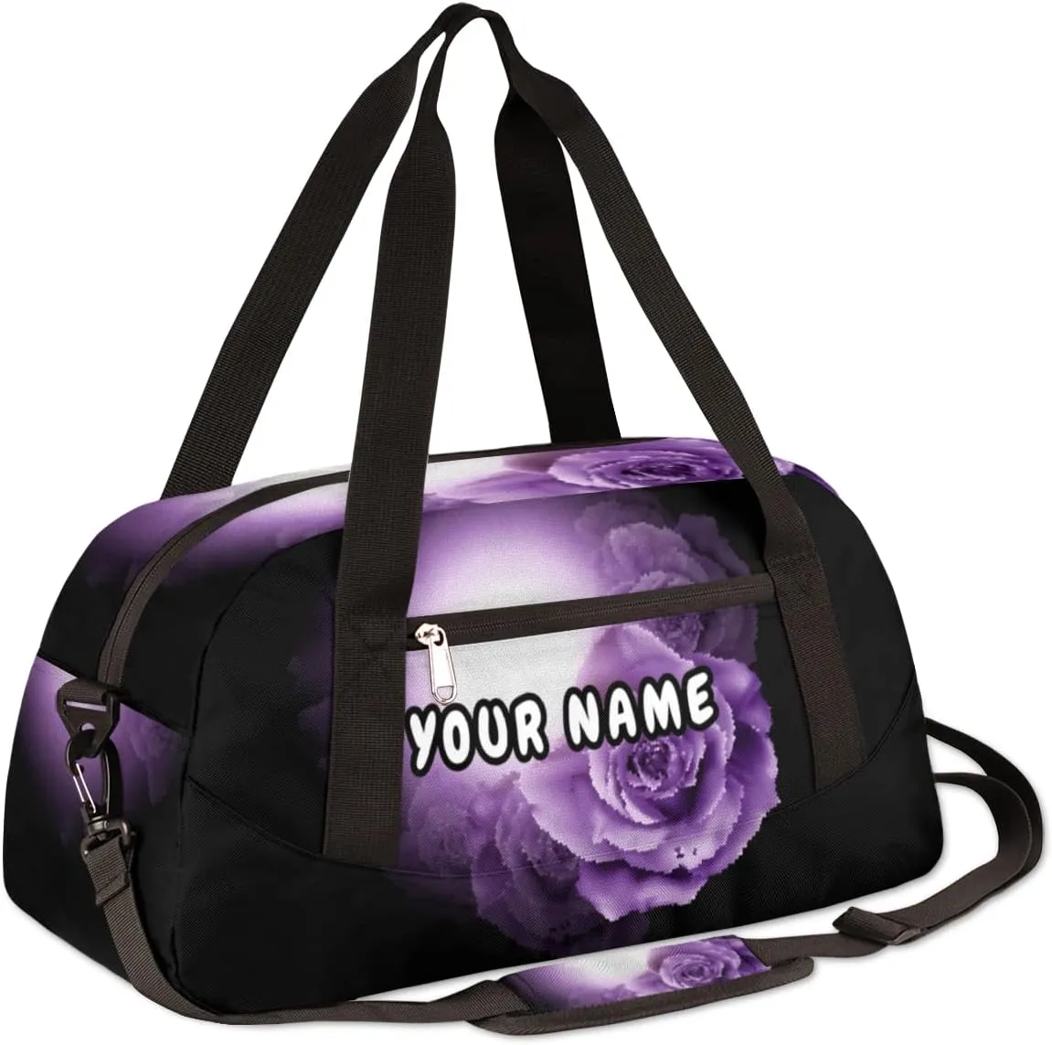 Purple Flowers Roses Personalized Kids Duffel Bag for Girls, Butterfly Debris Custom Name Dance Bag Overnight Small Duffel Bag Carry On Weekend Sports Travel Bag for School Practice Gymnastics Ballet