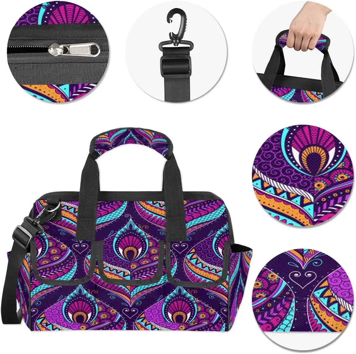 Purple Paisley Tool Bag for Men Women Multi-Pockets Wide Mouth Tool Storage Bags 14.8 Inch Waterproof Heavy Duty Tool Bag Organizer for Electrician Mechanic Plumbers Handymen