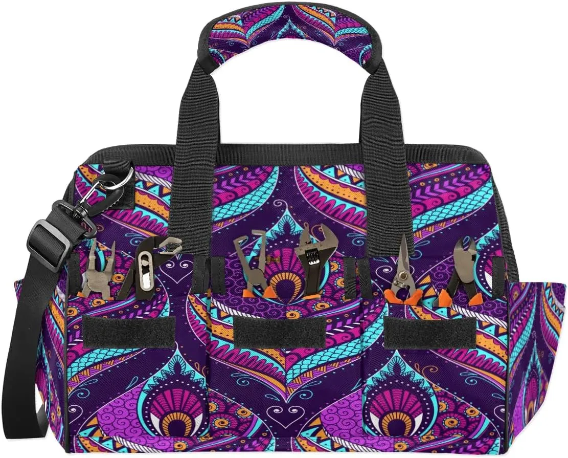 Purple Paisley Tool Bag for Men Women Multi-Pockets Wide Mouth Tool Storage Bags 14.8 Inch Waterproof Heavy Duty Tool Bag Organizer for Electrician Mechanic Plumbers Handymen