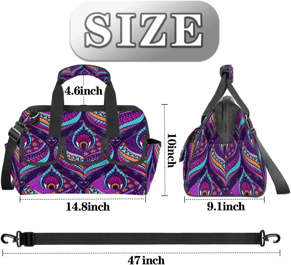 Purple Paisley Tool Bag for Men Women Multi-Pockets Wide Mouth Tool Storage Bags 14.8 Inch Waterproof Heavy Duty Tool Bag Organizer for Electrician Mechanic Plumbers Handymen