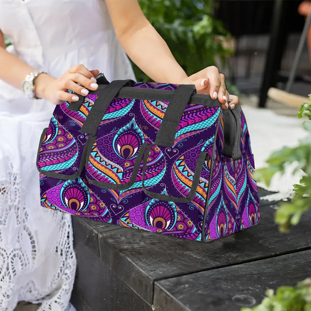Purple Paisley Tool Bag for Men Women Multi-Pockets Wide Mouth Tool Storage Bags 14.8 Inch Waterproof Heavy Duty Tool Bag Organizer for Electrician Mechanic Plumbers Handymen
