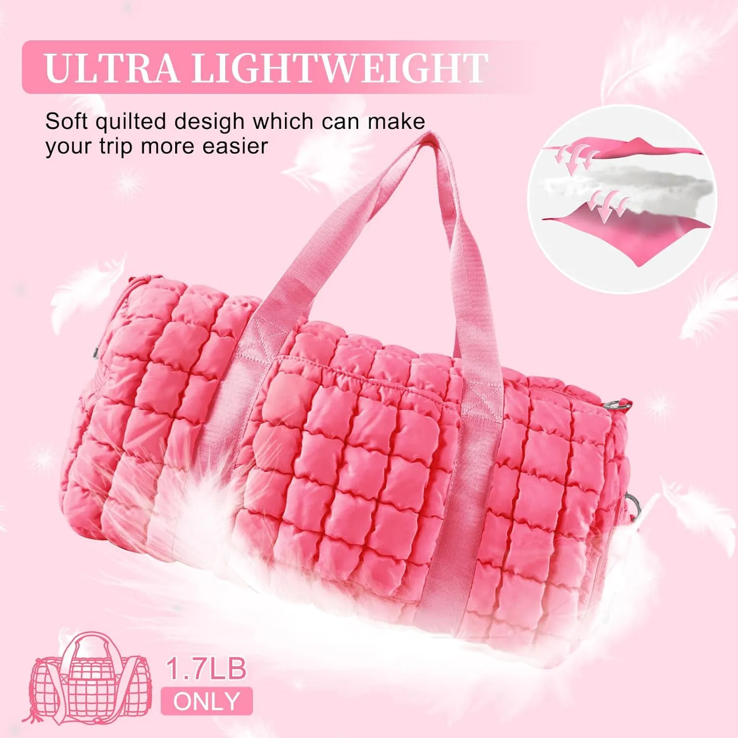 Quilted Travel Duffle Bag Gym Bag for Women,Large Puffer Duffle Weekender Bag with Compartment,Workout Overnight Carry on Organizer Bag Duffle Bag for Airplane Travel(L-Pink)