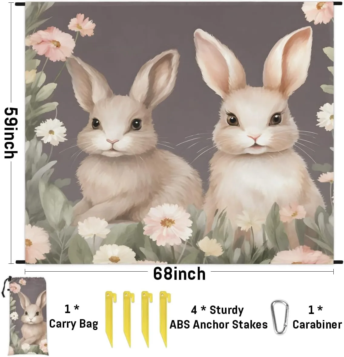 Rabbit Bunny Easter Beach Blanket, Sandproof Beach Mat, 68 x 59 Waterproof Quick Drying Sand Free Mat with 4 x Ground Spikes for Outdoor Travel Camping Hiking, Easter Flower