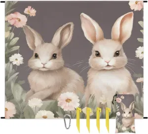Rabbit Bunny Easter Beach Blanket, Sandproof Beach Mat, 68 x 59 Waterproof Quick Drying Sand Free Mat with 4 x Ground Spikes for Outdoor Travel Camping Hiking, Easter Flower