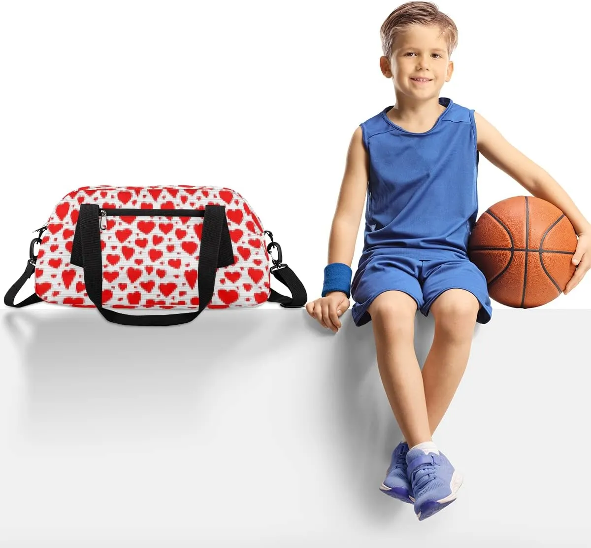 Red Love Heart Valentines Day Kids Duffel Bag for Girls Boys Teens, Heart Pixel Wind Dance Bag Overnight Small Duffel Bag Carry On Weekend Sports Gym Travel Bag for School Practice Gymnastics Ballet