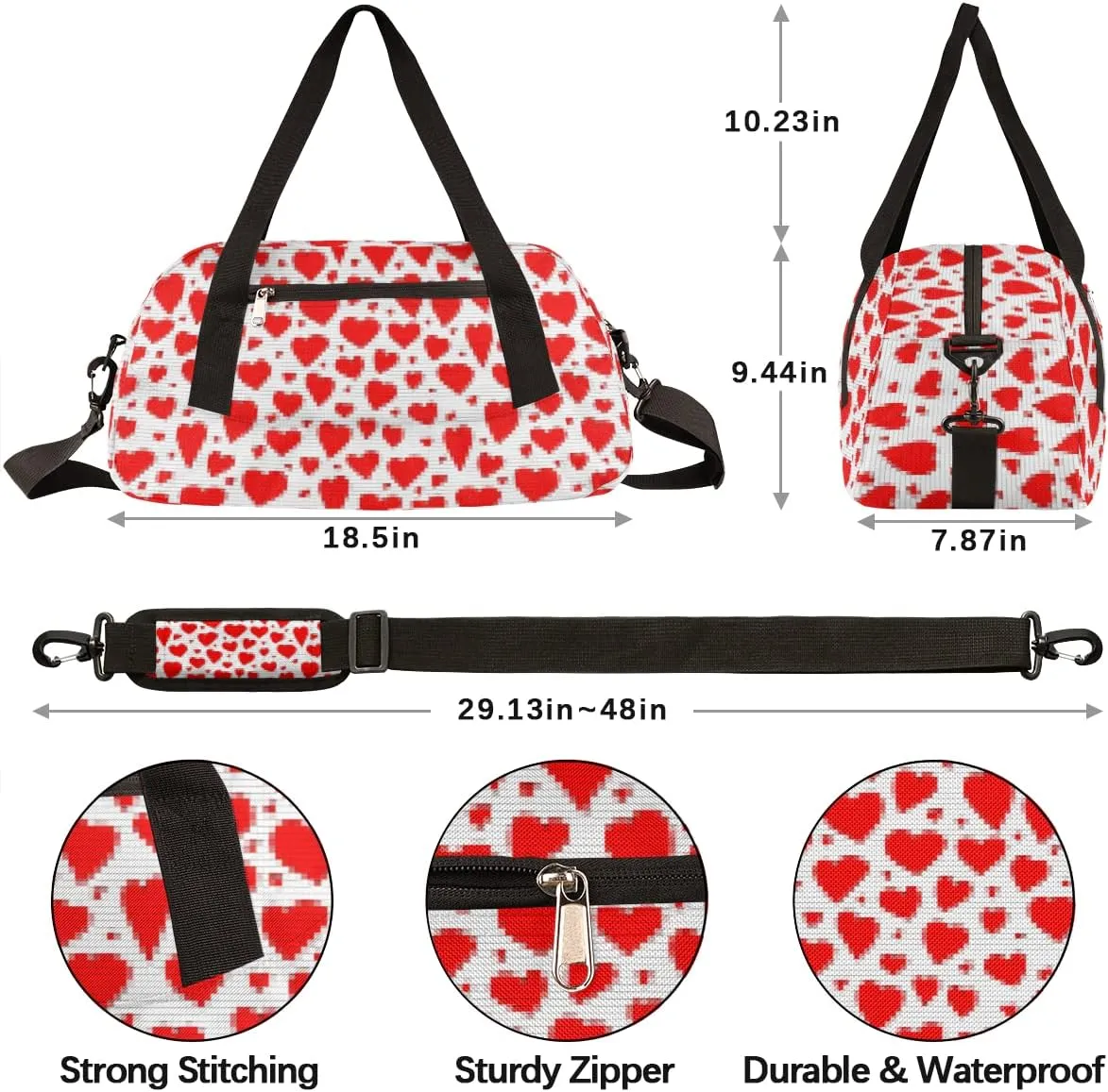 Red Love Heart Valentines Day Kids Duffel Bag for Girls Boys Teens, Heart Pixel Wind Dance Bag Overnight Small Duffel Bag Carry On Weekend Sports Gym Travel Bag for School Practice Gymnastics Ballet