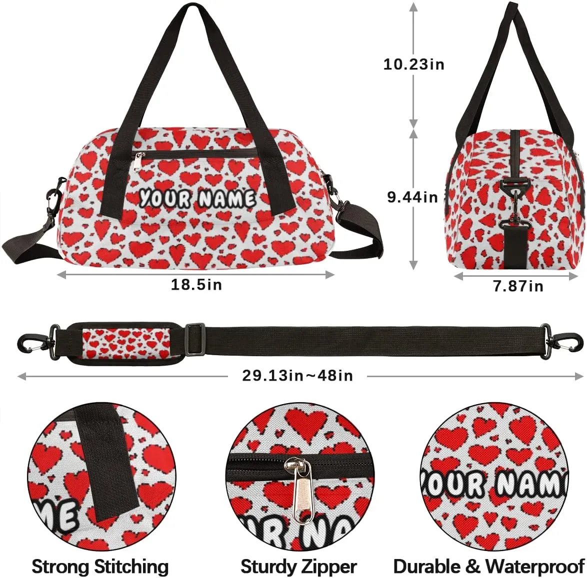 Red Love Heart Valentines Day Personalized Kids Duffel Bag for Girls, Heart Debris Custom Name Dance Bag Overnight Small Duffel Bag Carry On Sports Travel Bag for School Practice Gymnastics Ballet