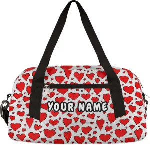 Red Love Heart Valentines Day Personalized Kids Duffel Bag for Girls, Heart Debris Custom Name Dance Bag Overnight Small Duffel Bag Carry On Sports Travel Bag for School Practice Gymnastics Ballet