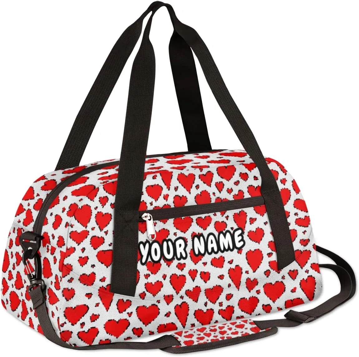 Red Love Heart Valentines Day Personalized Kids Duffel Bag for Girls, Heart Debris Custom Name Dance Bag Overnight Small Duffel Bag Carry On Sports Travel Bag for School Practice Gymnastics Ballet