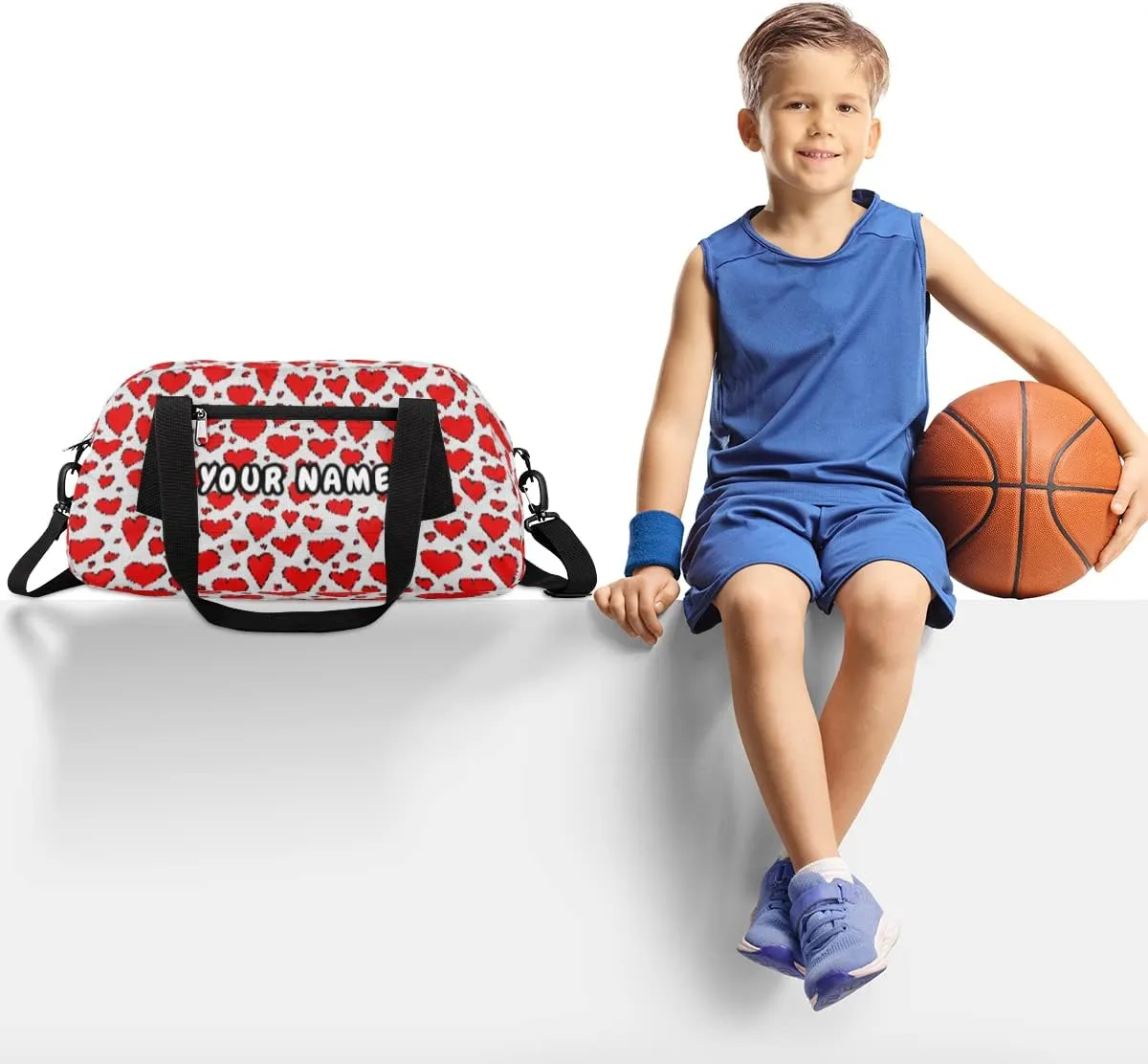 Red Love Heart Valentines Day Personalized Kids Duffel Bag for Girls, Heart Debris Custom Name Dance Bag Overnight Small Duffel Bag Carry On Sports Travel Bag for School Practice Gymnastics Ballet