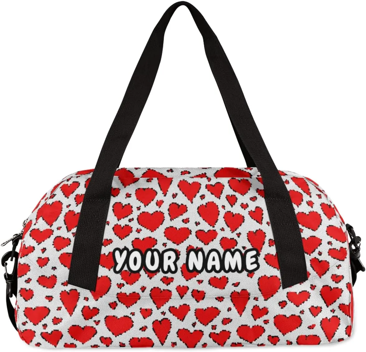 Red Love Heart Valentines Day Personalized Kids Duffel Bag for Girls, Heart Debris Custom Name Dance Bag Overnight Small Duffel Bag Carry On Sports Travel Bag for School Practice Gymnastics Ballet
