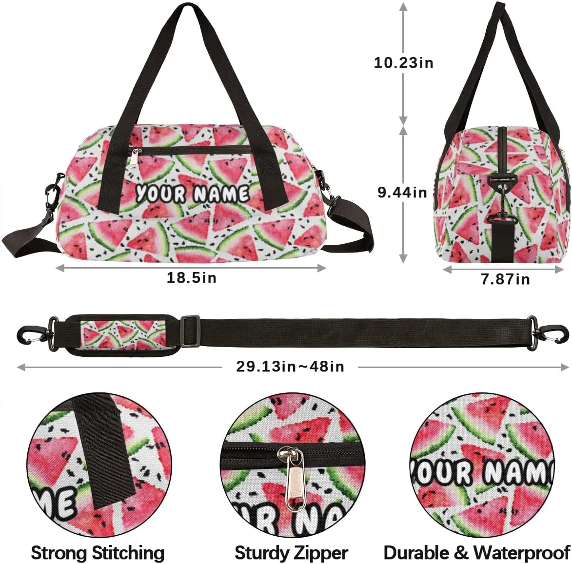 Red Pink Watermelon Personalized Kids Duffel Bag for Girls Boys, Watermelon Debris Custom Name Dance Bag Overnight Small Duffel Bag Carry On Sports Travel Bag for School Practice Gymnastics Ballet