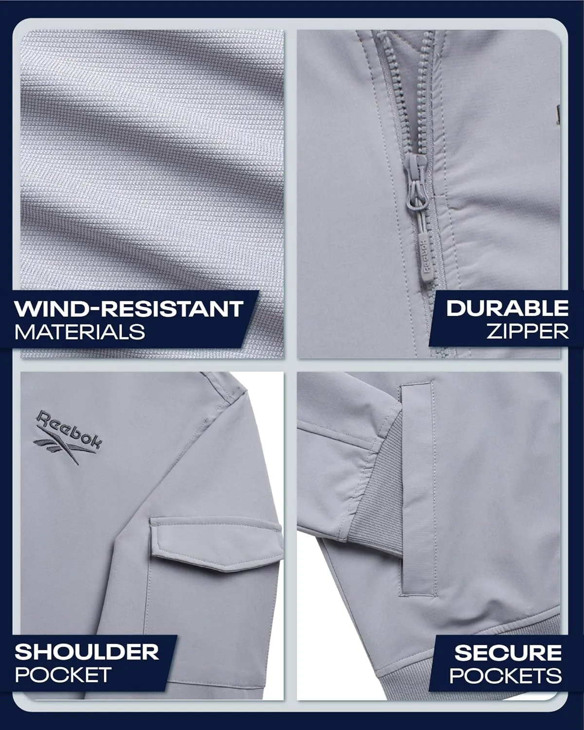 Reebok Mens Rain Jacket - Full Zip Up Lightweight Water Resistant Windbreaker Soft Shell Collar Rain Coat for Men (S-XL)
