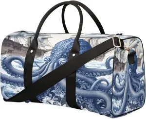 Retro Octopus Travel Duffel Bag for Women Men Foldable Sport Gym Tote Bag Lightweight Waterproof Weekender Overnight Bag for Weekend Holiday Gym Swim Yoga