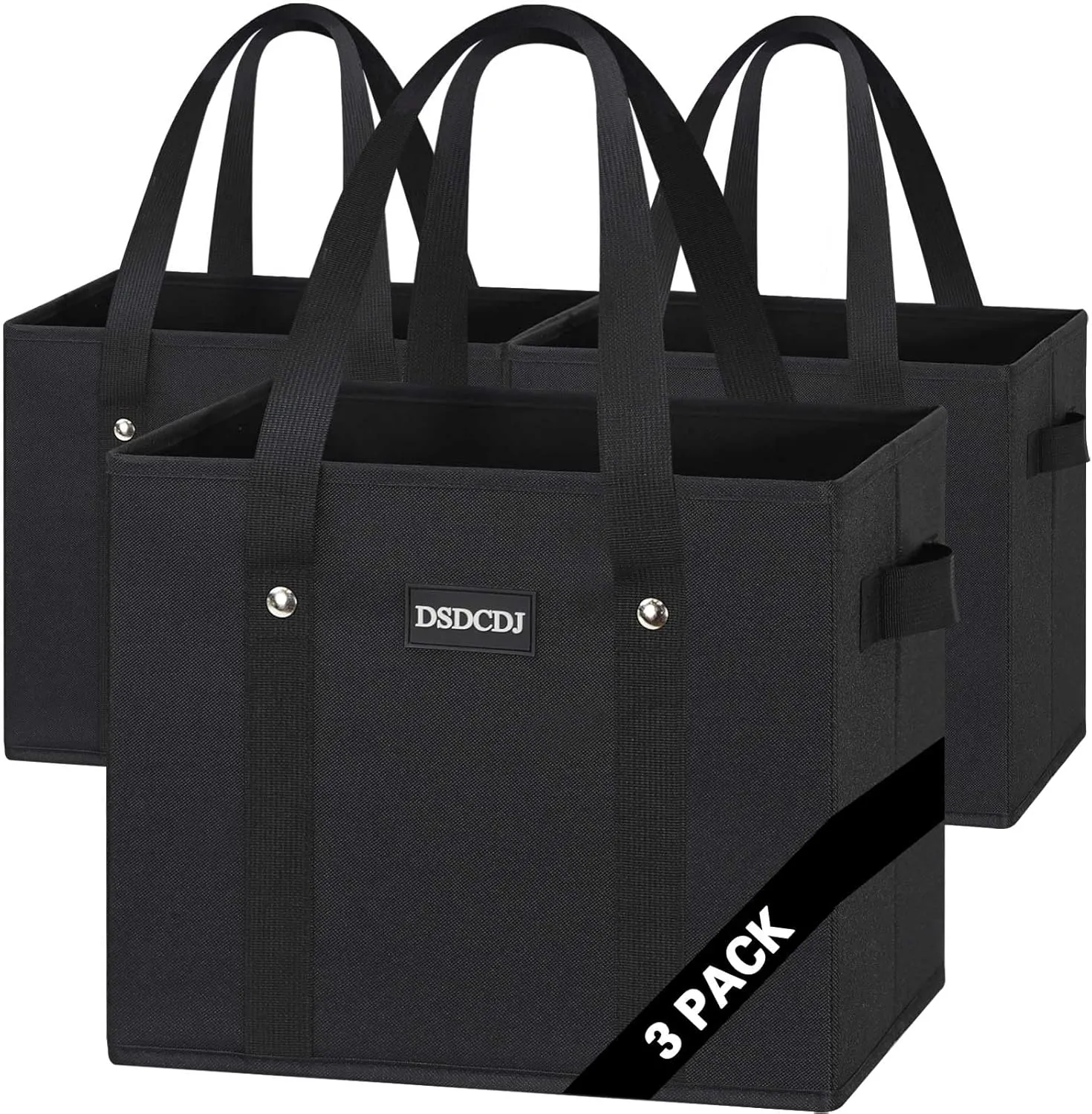Reusable Grocery Bags - Heavy Duty Reusable Shopping Bags with Hard Bottom & Long Handles, Foldable Large Utility Tote Bag with Box Shape to Stand Up - for Kitchen, Picnic, 3 Pack, Black