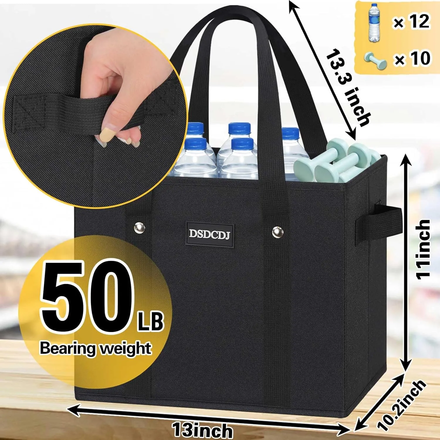 Reusable Grocery Bags - Heavy Duty Reusable Shopping Bags with Hard Bottom & Long Handles, Foldable Large Utility Tote Bag with Box Shape to Stand Up - for Kitchen, Picnic, 3 Pack, Black