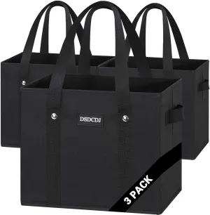 Reusable Grocery Bags - Heavy Duty Reusable Shopping Bags with Hard Bottom & Long Handles, Foldable Large Utility Tote Bag with Box Shape to Stand Up - for Kitchen, Picnic, 3 Pack, Black