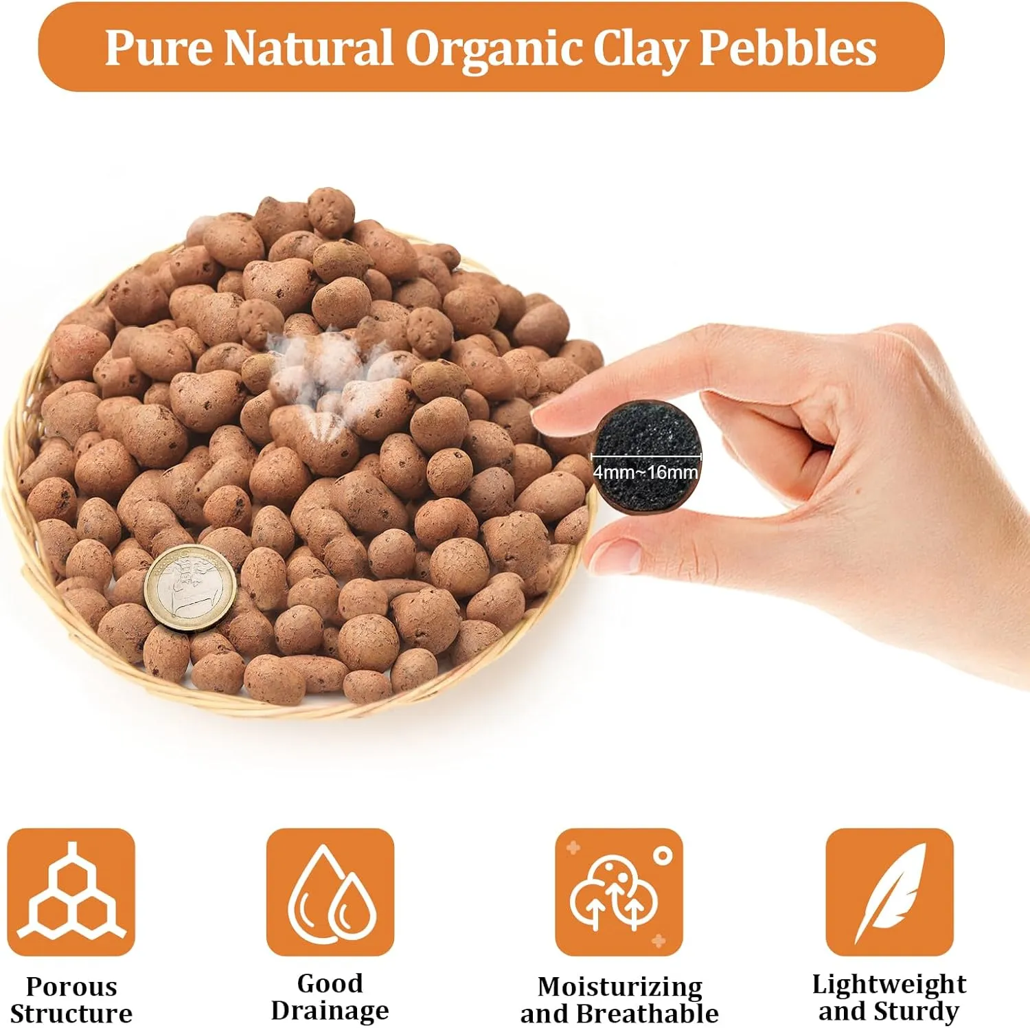 Riare 10 LBS Organic Expanded Clay Pebbles - 4mm-16mm Natural Leca Balls Lightweight Hydroponic Clay Pebbles Aggregate for Indoor Plants, Hydroponic Growing, Plants Drainage, Aquaponics