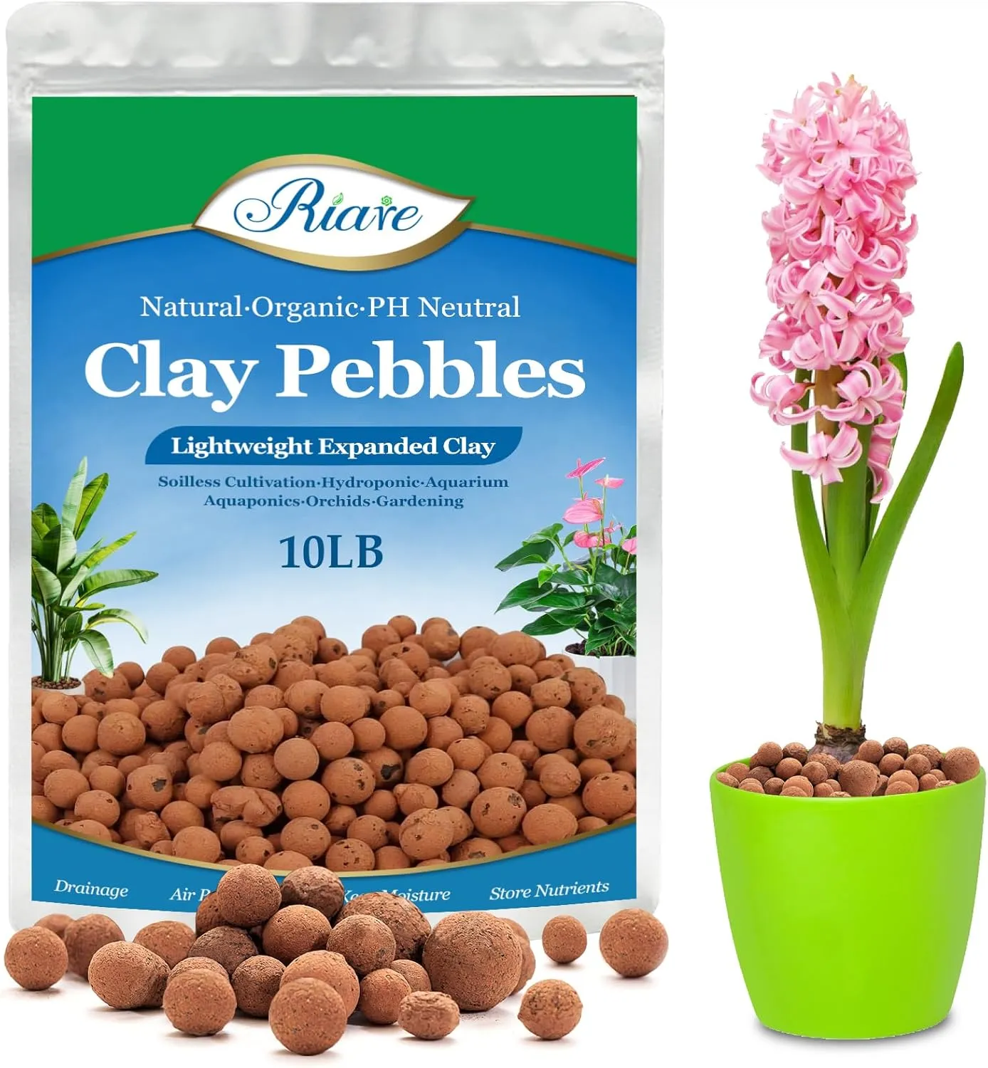 Riare 10 LBS Organic Expanded Clay Pebbles - 4mm-16mm Natural Leca Balls Lightweight Hydroponic Clay Pebbles Aggregate for Indoor Plants, Hydroponic Growing, Plants Drainage, Aquaponics