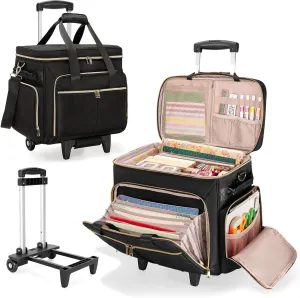 Rolling Scrapbook Bag, Scrapbook Storage Tote Bag with Wheels, Craft Cart Organizer with Detachable Trolley, Art Supplies Organizer Bag for Artist Crafter Teacher, Black(Patent Design)
