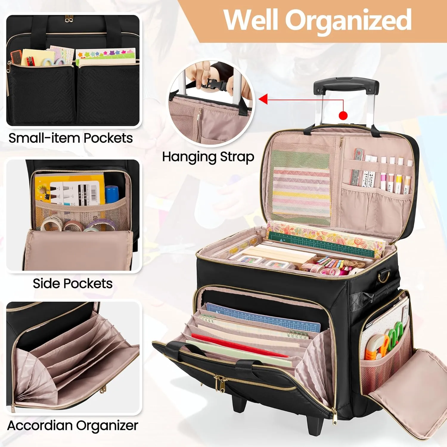 Rolling Scrapbook Bag, Scrapbook Storage Tote Bag with Wheels, Craft Cart Organizer with Detachable Trolley, Art Supplies Organizer Bag for Artist Crafter Teacher, Black(Patent Design)